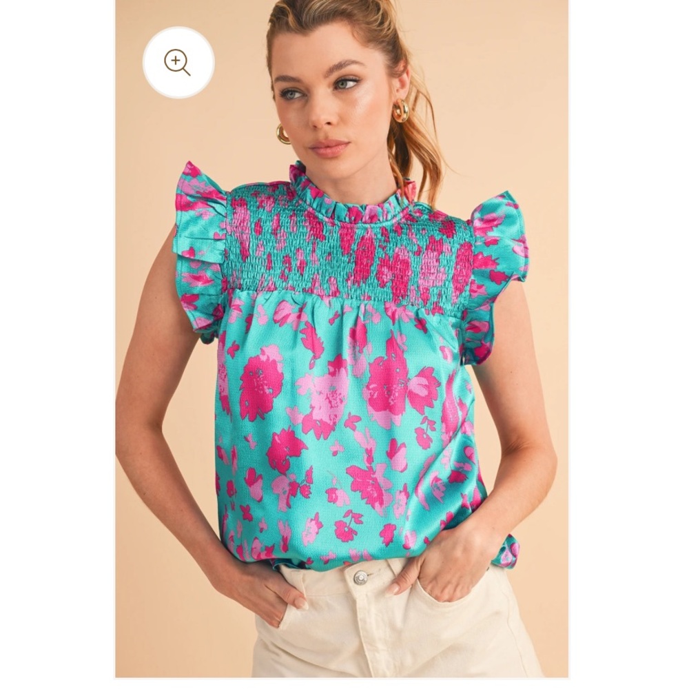 BIBI Floral Ruffle Sleeve Top - Pink and Green